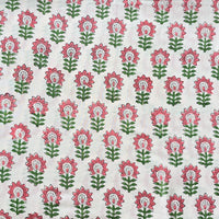Pure Cotton Jaipuri White With Peach Flower Motif Hand Block Print Fabric