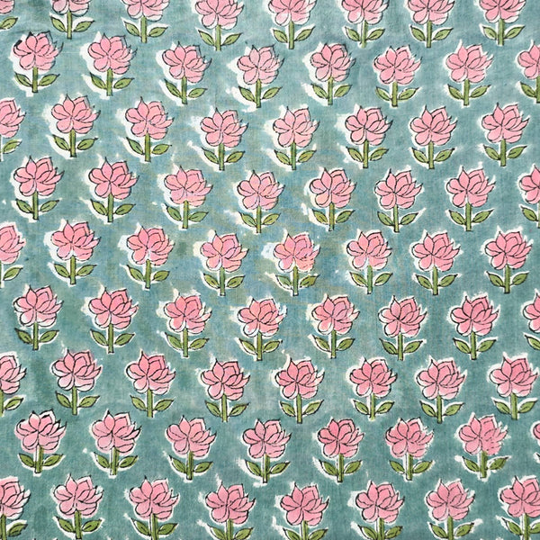 (Pre Cut 1.5 Meter )Pure Cotton Jaipuri Teal Blue With Pink Tiny Flower Motif  Hand Block Fabric