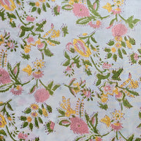 Pure Cotton Jaipuri White With Pink Flower Jaal Hand Block Print Fabric