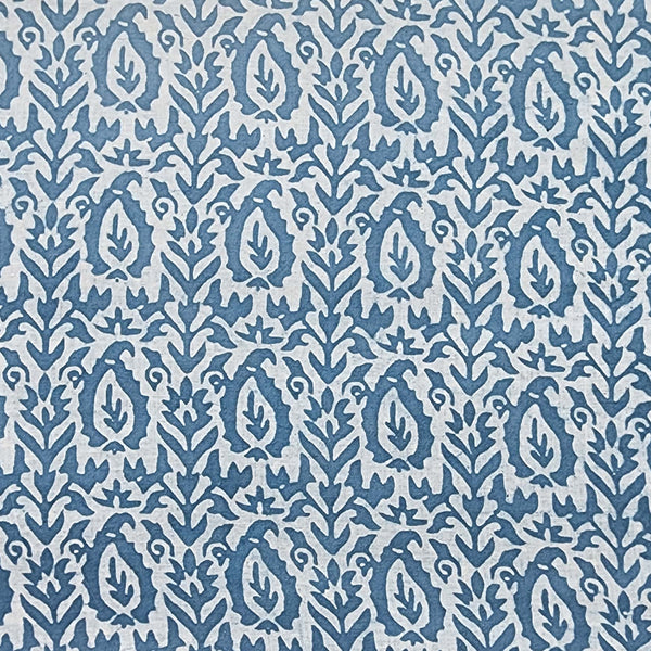 ( Pre-Cut 1.75 Meter ) Pure Cotton Dabu White With Blue Kairi Intricate Design Hand Block Print Fabric