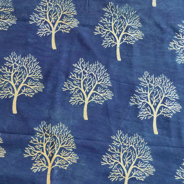 (PRE-CUT 1.5 METER) Pure Cotton Ajrak Blue With Cream Tree Motif Hand Block Print Fabric