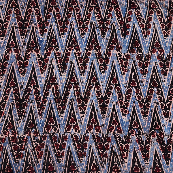 Pure Cotton Ajrak Rust Black With Greyish Blue Zig-Zag Intricate Design Hand Block Print Fabric