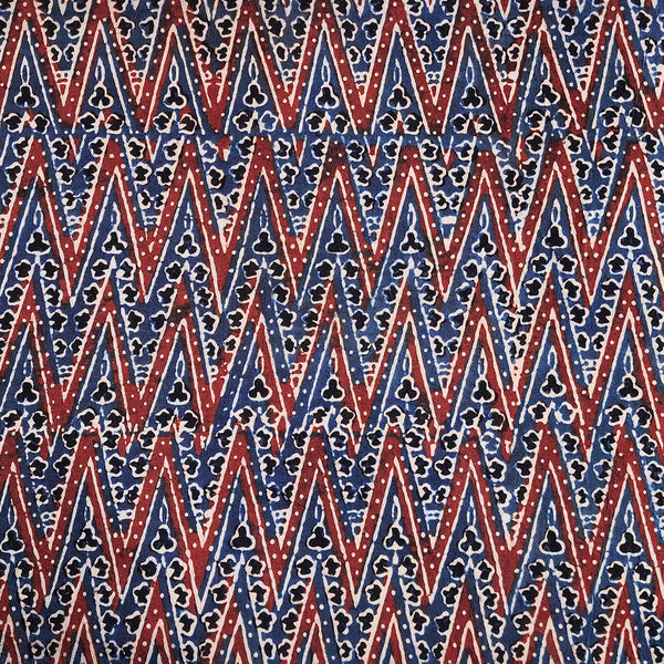 Pure Cotton Ajrak Blue With Red Zig-Zag Intricate Design Hand Block Print Fabric