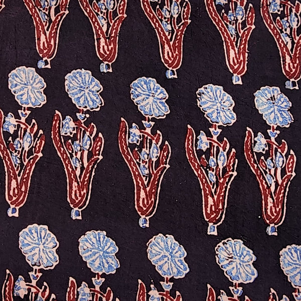 Pure Cotton Ajrak Black With Blue Big Flower Motif Design Hand Block Print Fabric