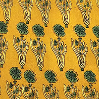 Pure Cotton Ajrak Turmeric Yellow With Green Big Flower Motif Design Hand Block Print Fabric