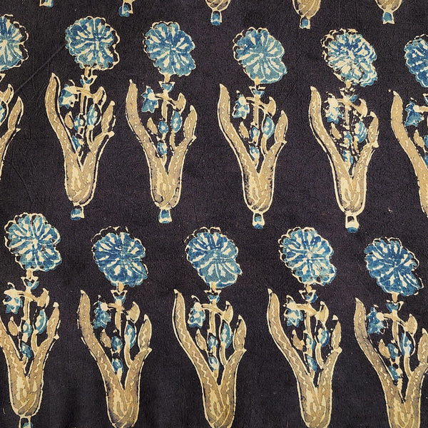 Pure Cotton Ajrak Rust Black With Blue Big Flower Motif Design Hand Block Print Fabric