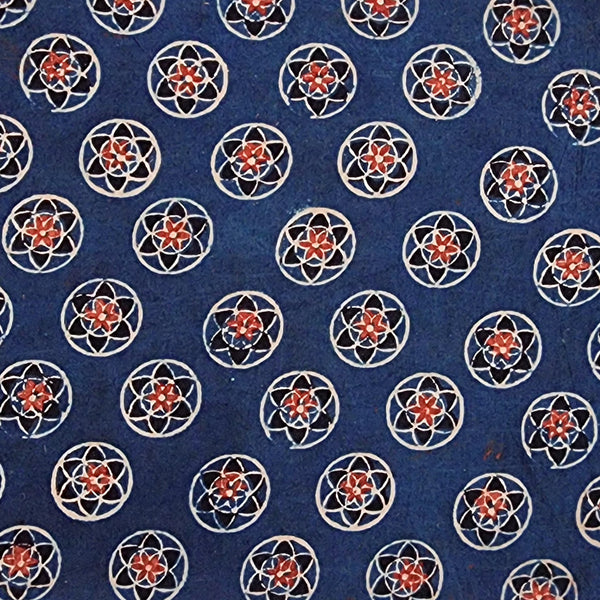 Pure Cotton Ajrak Blue With Rust Red Circle Star Hand Block Print Fabric
