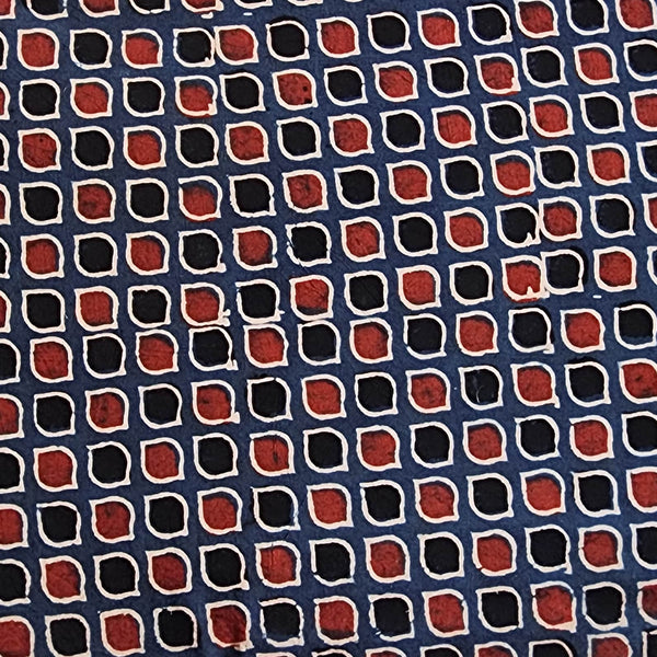 (PRE-CUT 1.5 METER) Pure Cotton Ajrak Blue With Rust Red And Black Small Square Hand Block Print Fabric