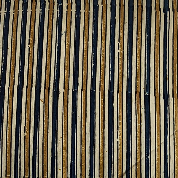 ( Pre-Cut 1.70 Meter ) Pure Cotton Ajrak Cream With Blue Stripes Hand Block Print Fabric