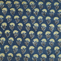 Pure Cotton Ajrak Blue With Mustard Flower Motif Hand Block Print Fabric