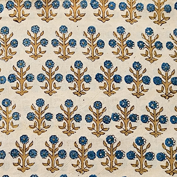 Pure Cotton Ajrak Cream With Blue Flower Plant Motif Hand Block Print Fabric