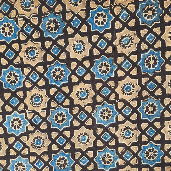 Pure Cotton Ajrak Dark Brown With Star Tile Hand Block Print Fabric