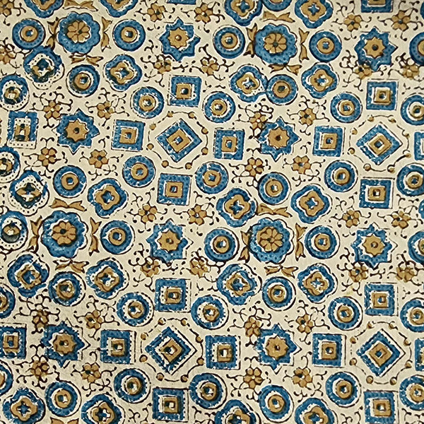 Pure Cotton Ajrak Cream With Blue Square Circle Star Tiles Hand Block Print Fabric