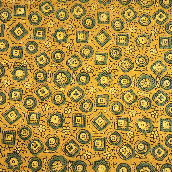 Pure Cotton Ajrak Yellow With Green Square Circle Star Tiles Hand Block Print Fabric