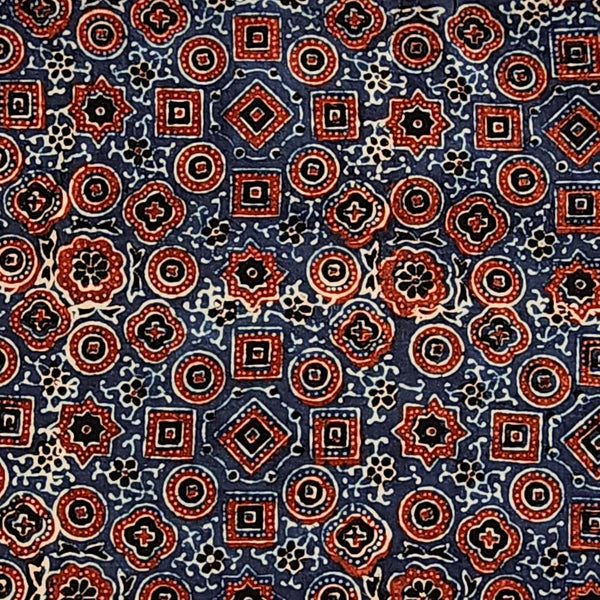 Pure Cotton Ajrak Blue With Red Square Circle Star Tiles Hand Block Print Fabric