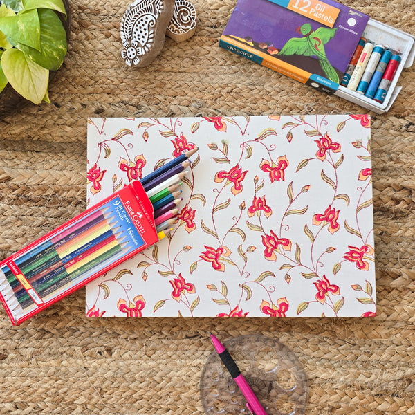 Handmade Upcycled Jaipuri Cream With Pinkish Red Flower Creeper Sketch Book