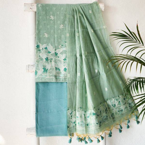 AARADHYA- Jamdani Sea Grean With Cranes Design Top And Dupatta Suit