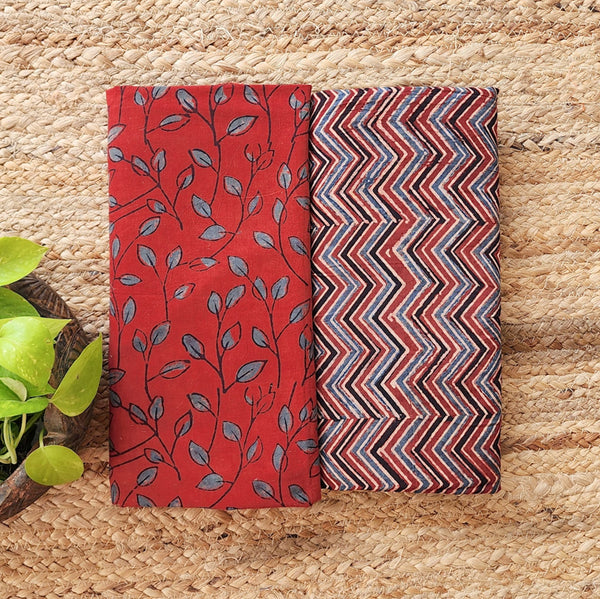 Top Bottom Combo Top Pure Cotton Gad Ajrak Red With Blue Hand Block Print Fabric (2.5 Meters Each)