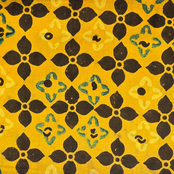 Pure Cotton Ajrak Geometrical Design Flower Yellow Hand Block Print Fabric