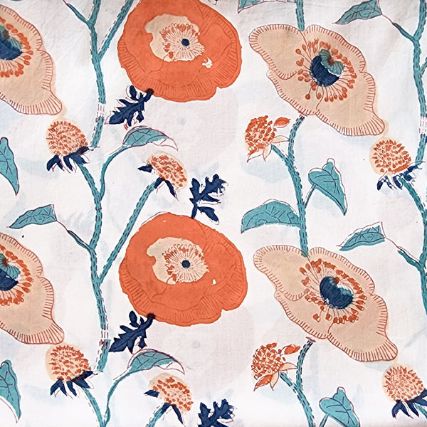 (PRE-CUT 2.35 METER) Pure Cotton Jaipuri White With Orange And Beige  Big Flower Creeper Hand Block Print Fabric