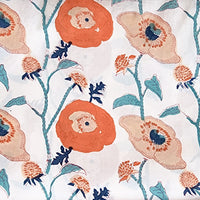 Pure Cotton Jaipuri White With Orange And Beige  Big Flower Creeper Hand Block Print Fabric