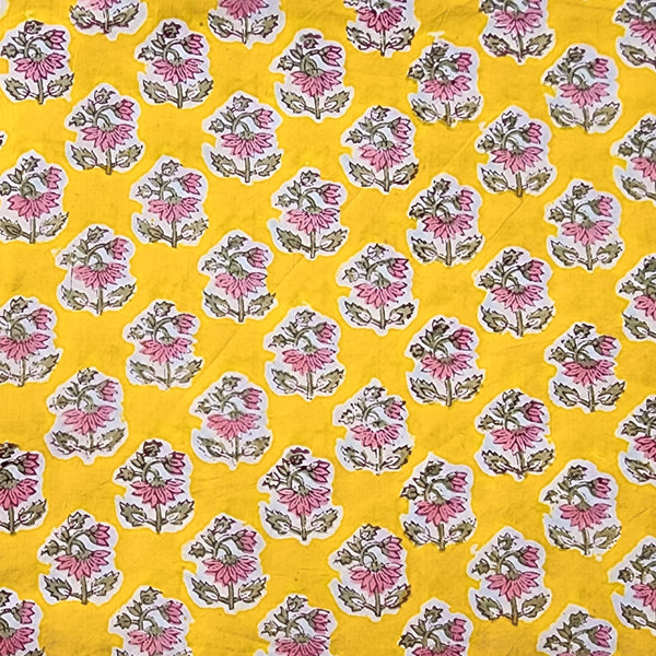 (PRE-CUT 1.45 METER) Pure Cotton Jaipuri Yellow With Pink Small Flower Motif Hand Block Print Fabric