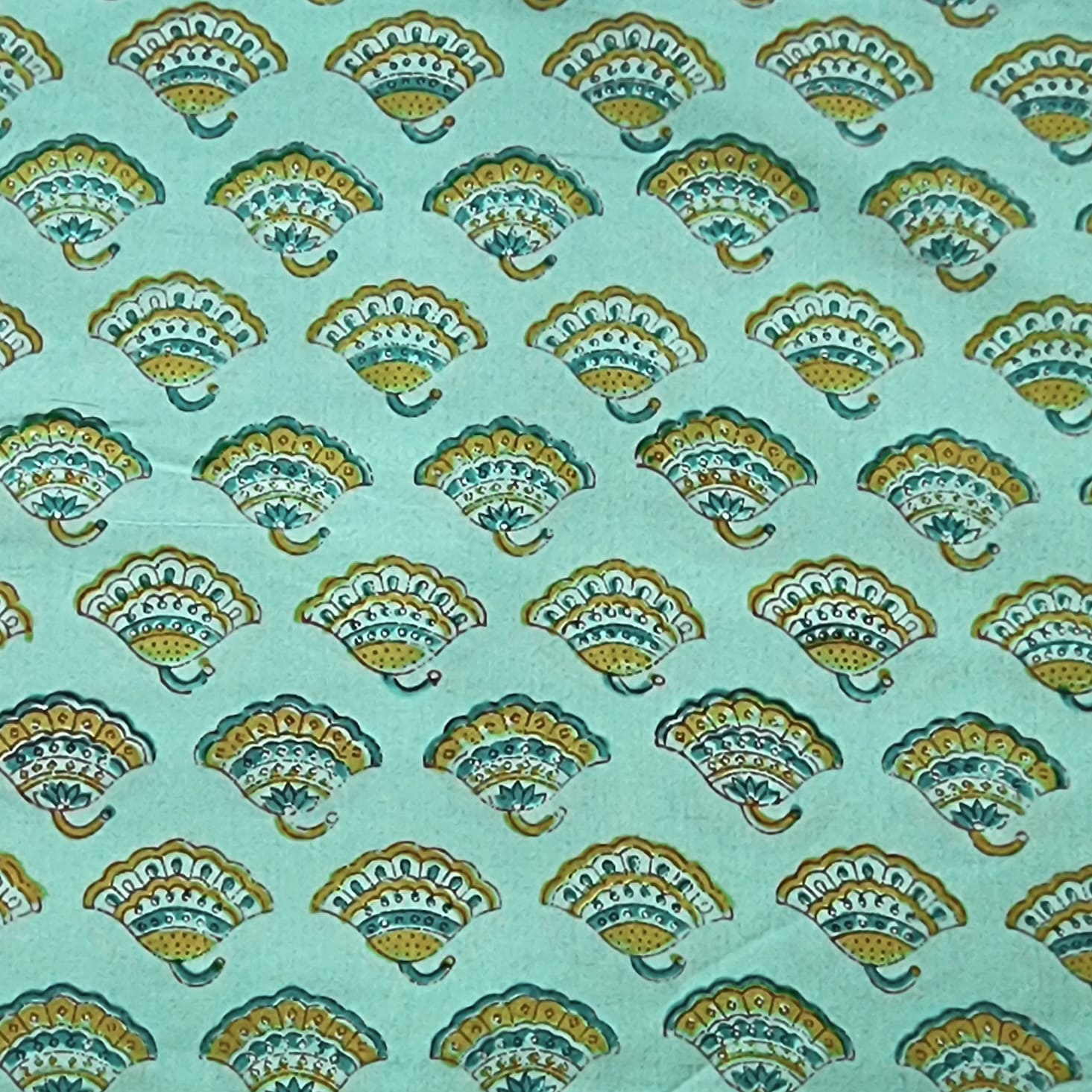 Pure Cotton Jaipuri radium Green With Yellow Hand Fan Motif Hand Block ...