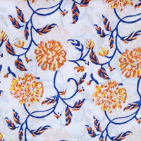 Pure Cotton Jaipuri White With Yellow And Orange Flower Jaal Hand Block Print Fabric