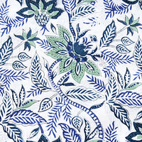 Pure Cotton Jaipuri White With Blue And Green Flower Jaal Hand Block Print Fabric