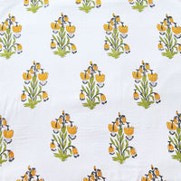 Pure Cotton Jaipuri White With Yellow And Big Flower Motif Hand Block Print Fabric