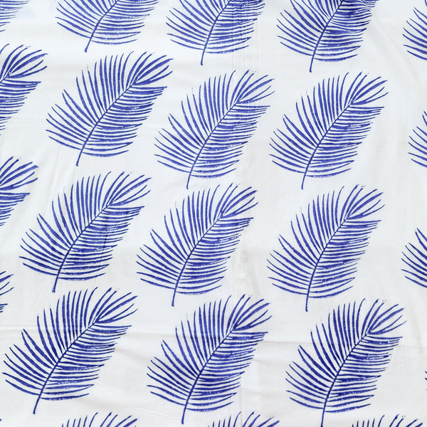 (PRE-CUT 1.45 METER) Pure Cotton Jaipuri White With Blue Leaves Hand Block Print Fabric