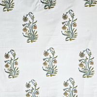 Pure Cotton Jaipuri White With Beige Big Flower Plants Hand Block Print Fabric