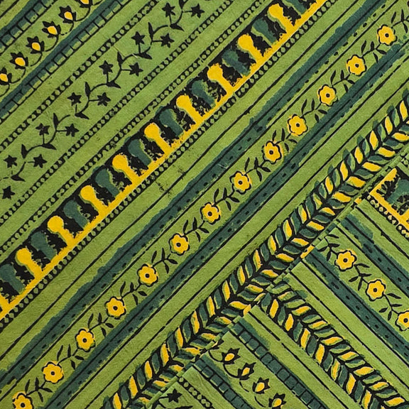 Pure Cotton Gad Ajrak Green With Yellow Intricate Design Border Hand B ...