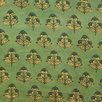 Pure Cotton Gad Ajrak Green With Yellow Flower Motif Hand Block Print Fabric