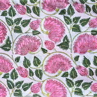 Pure Cotton Jaipuri White With Pink Lotus Hand Block Print Fabric
