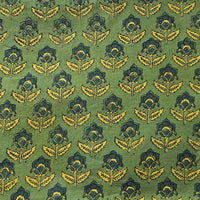 Pure Cotton Gad Ajrak Green With Yellow Flower Motif  Hand Block Print Fabric