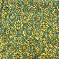 Pure Cotton Gad Ajrak Green With Yellow Intricate Design Hand Block Print Fabric