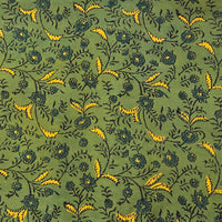 Pure Cotton Gad Ajrak Green With Yellow Flower Jaal  Hand Block Print Fabric