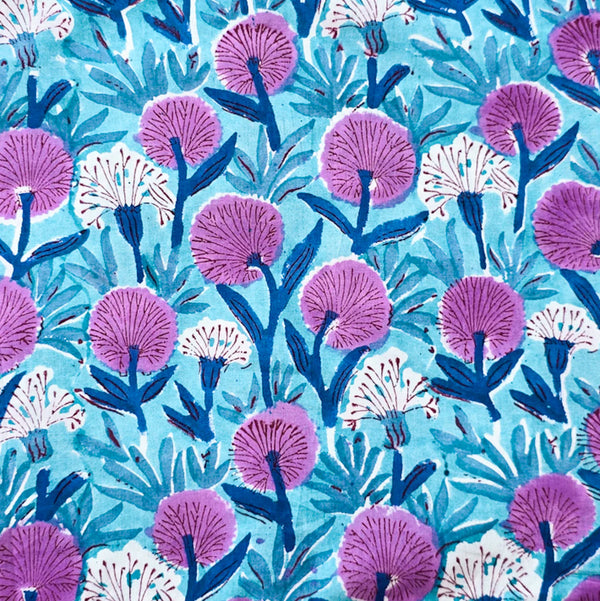 ( PRE-CUT 1.80 CM ) Pure Cotton Jaipuri Blue With Purple Flower Jaal Hand Block Print Fabric