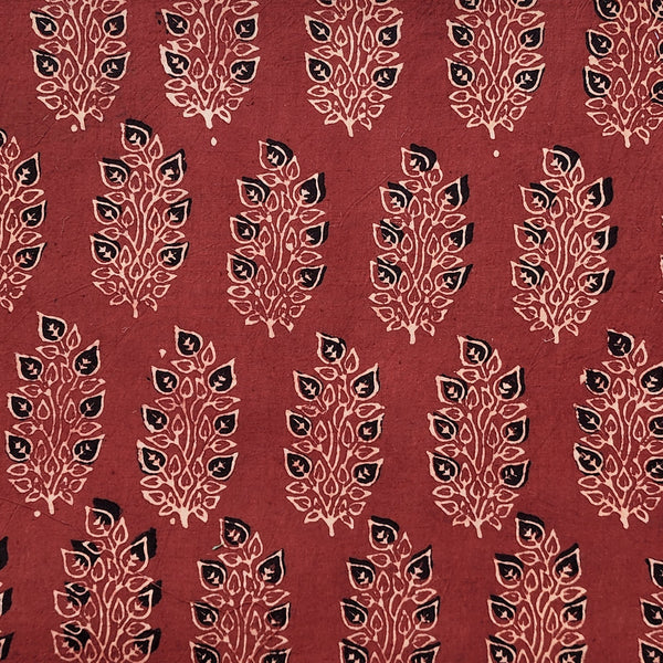Pure Cotton Ajrak Vegetable Dyed Red With Black Plant Motif Hand Block Print Fabric