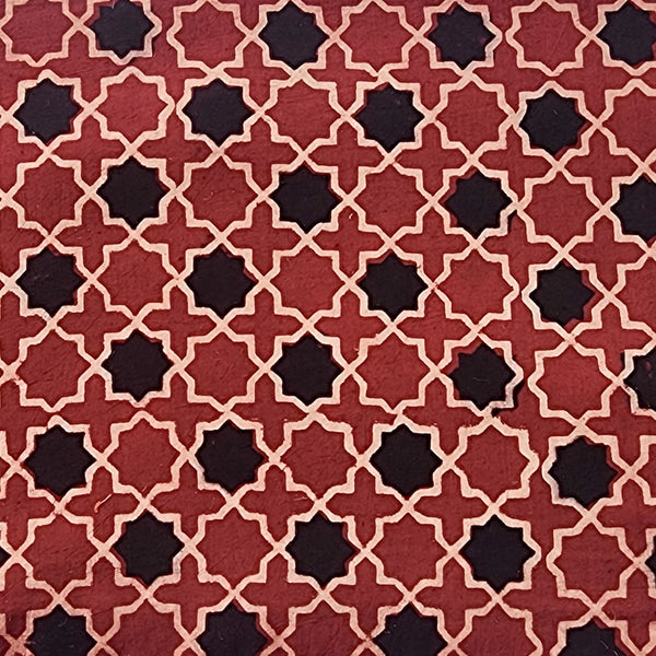 Pure Cotton Ajrak Vegetable Dyed Rust  Red With Black  Star Tile Hand Block Print Fabric
