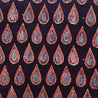 Pure Cotton Gad Ajrak Black With Blue And Maroon Leaves Motif Hand Block Print Fabric