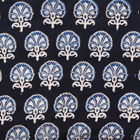 Pure Cotton Gad Ajrak Black With Blue And Off White Flower Motif Hand Block Print Fabric