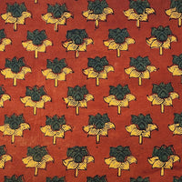 Pure Cotton Gad Ajrak Rust Orange With Green And Yellow Lotus Motif Hand Block Print Fabric