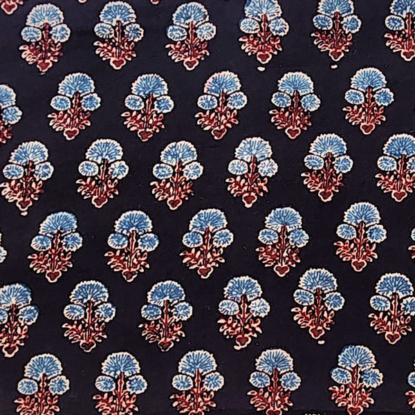 Pure Cotton Gad Ajrak Black With Blue And Maroon Flower Motif Hand Block Print Fabric