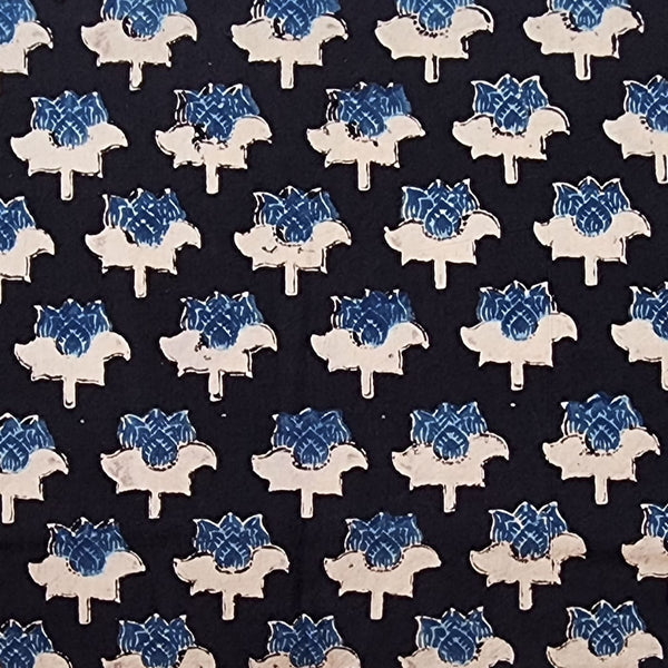 Pure Cotton Gad Ajrak Black With Blue And Off White Lotus Motif Hand Block Print Fabric