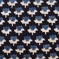Pure Cotton Gad Ajrak Black With Blue And Off White Lotus Motif Hand Block Print Fabric