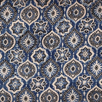 Pure Cotton Gad Ajrak Off White With Black And Rust Blue Intricate Design Hand Block Print Fabric