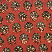 Pure Cotton Gad Ajrak Rust Orange With Green And Yellow Flower Motif Hand Block Print Fabric