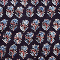 Pure Cotton Gad Ajrak Black With Blue And Maroon Plant Motif Hand Block Print Fabric